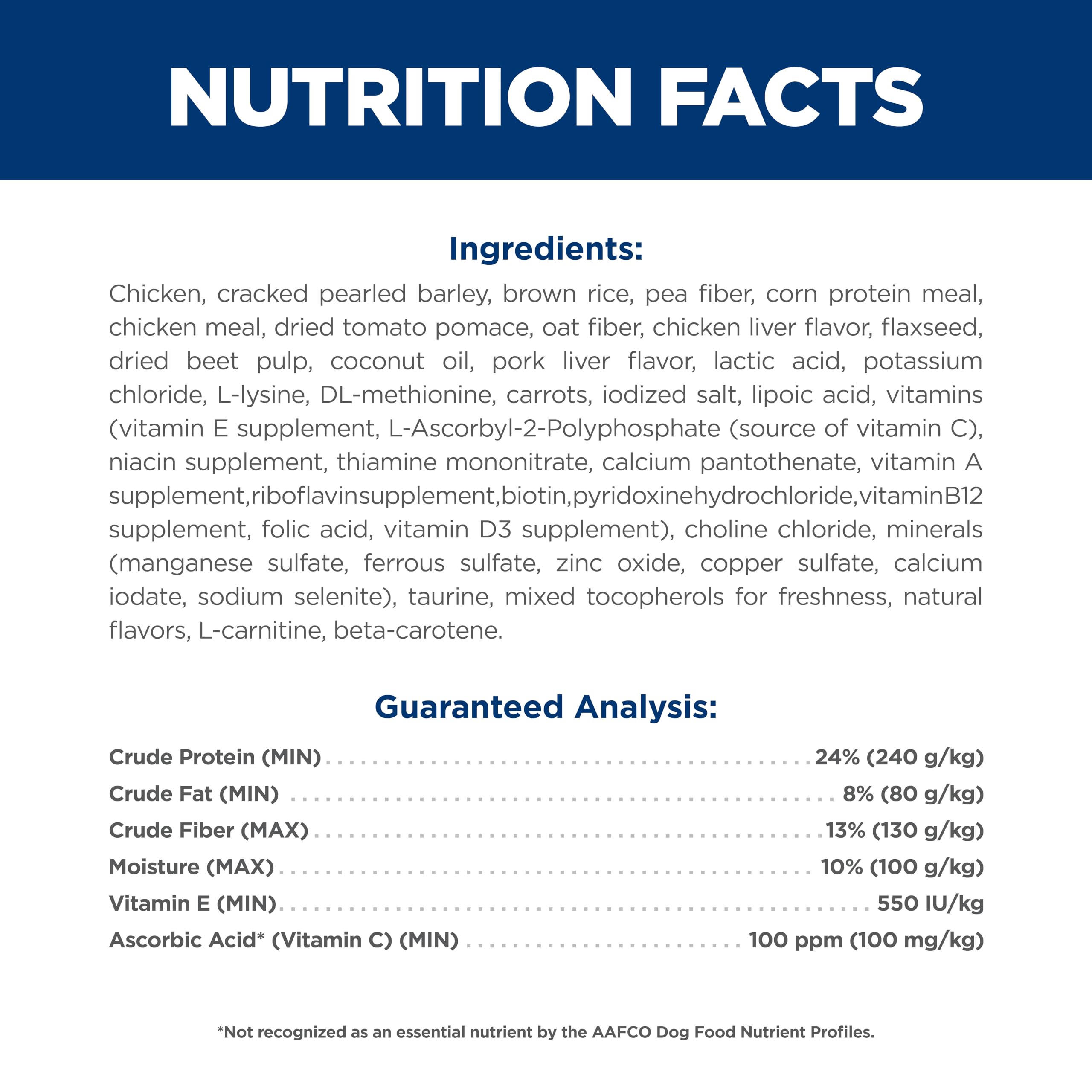 Hill's Science Diet etiqueta nutricional con vitaminas y datos para controlar peso