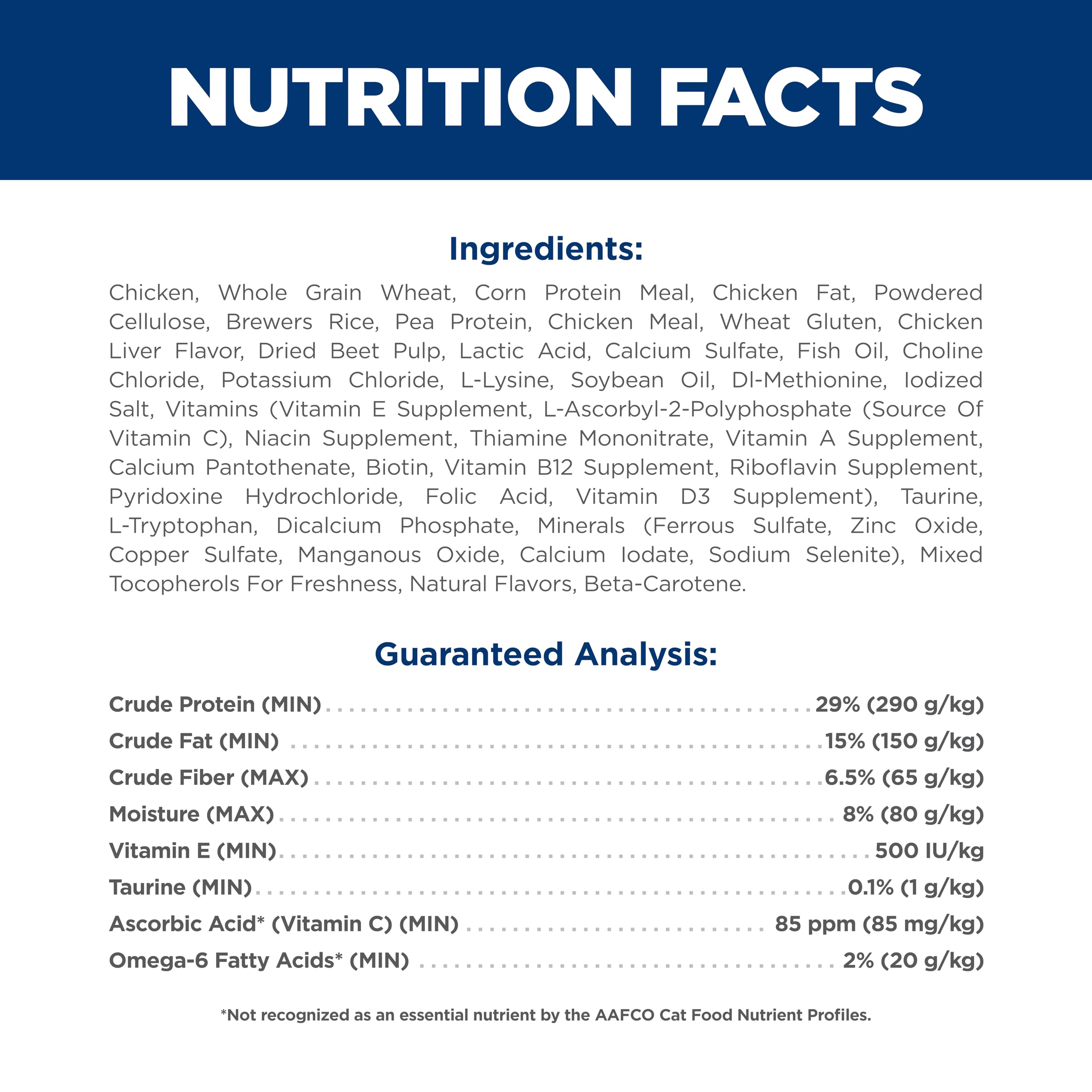 Hill's Science Diet etiqueta nutricional indicando taurina y vitaminas