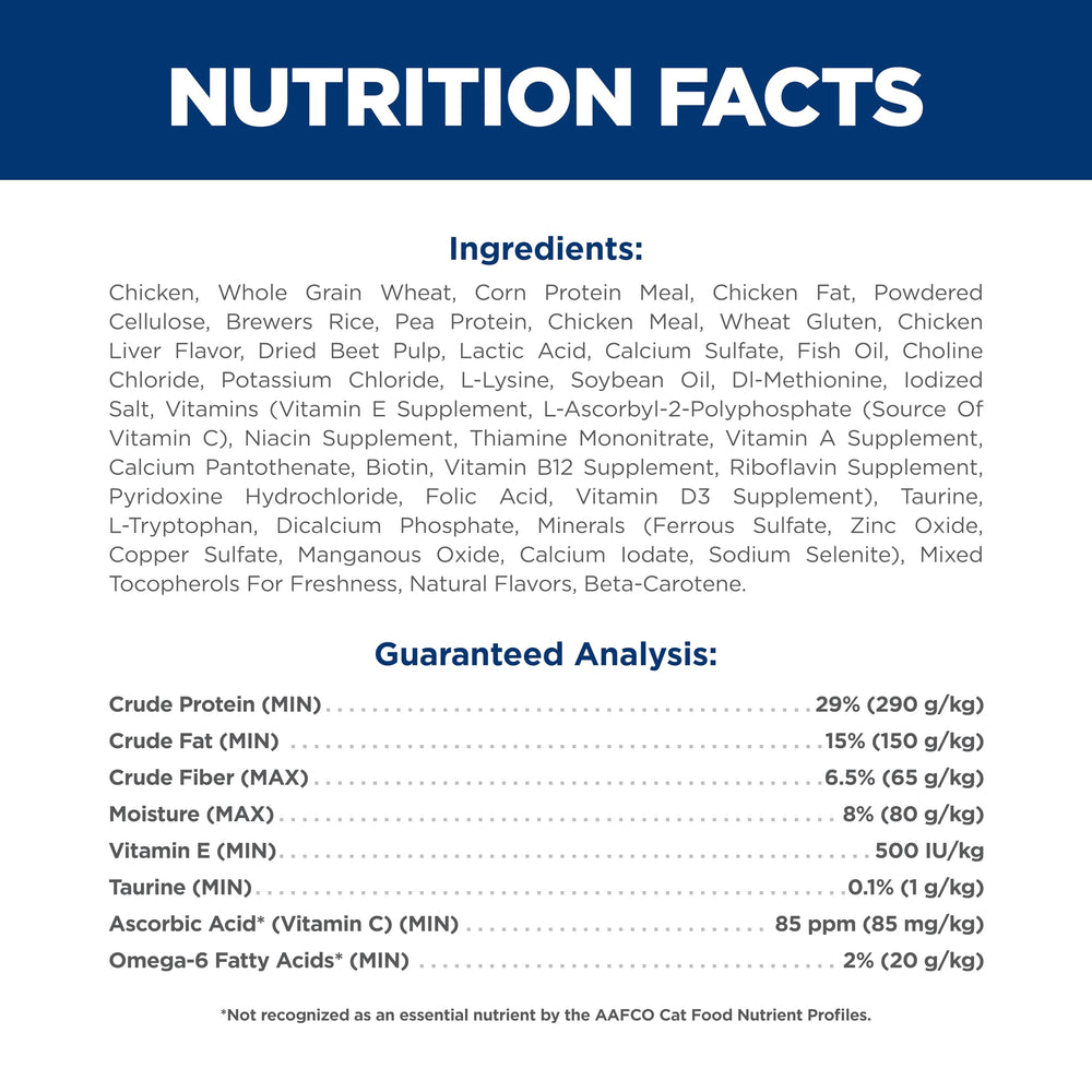 Hill's Science Diet etiqueta nutricional indicando taurina y vitaminas