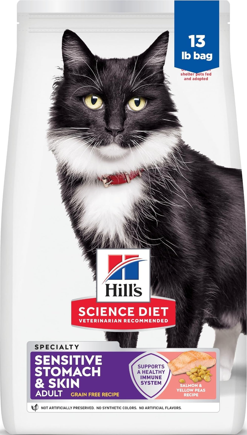 Hill's Science Diet empaque frontal mostrando fórmula para estómago sensible y piel saludable