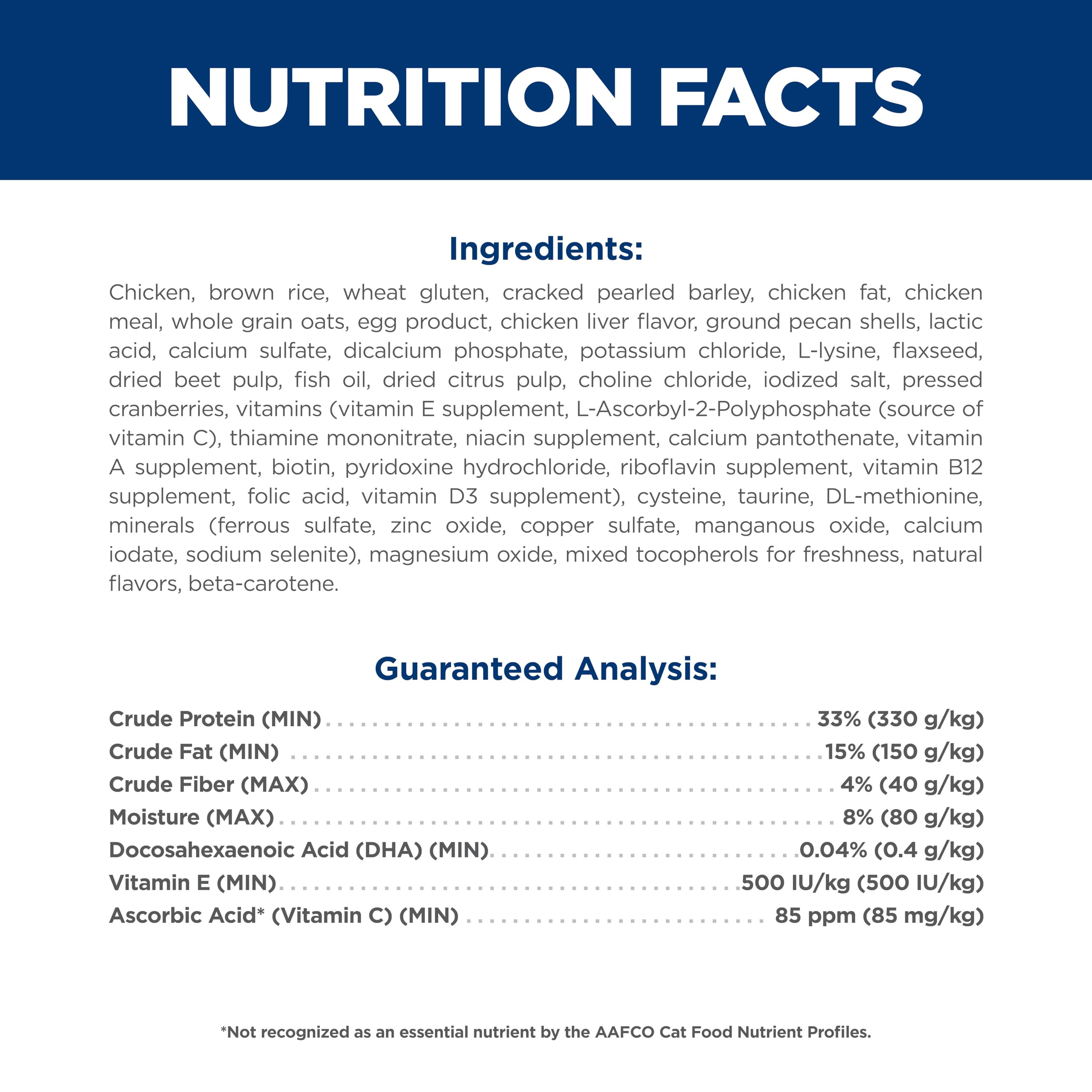 Hill's Science Diet etiqueta con nutrientes clave y minerales balanceados