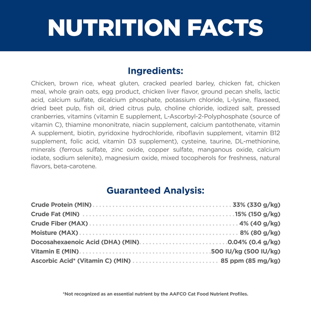Hill's Science Diet etiqueta con nutrientes clave y minerales balanceados