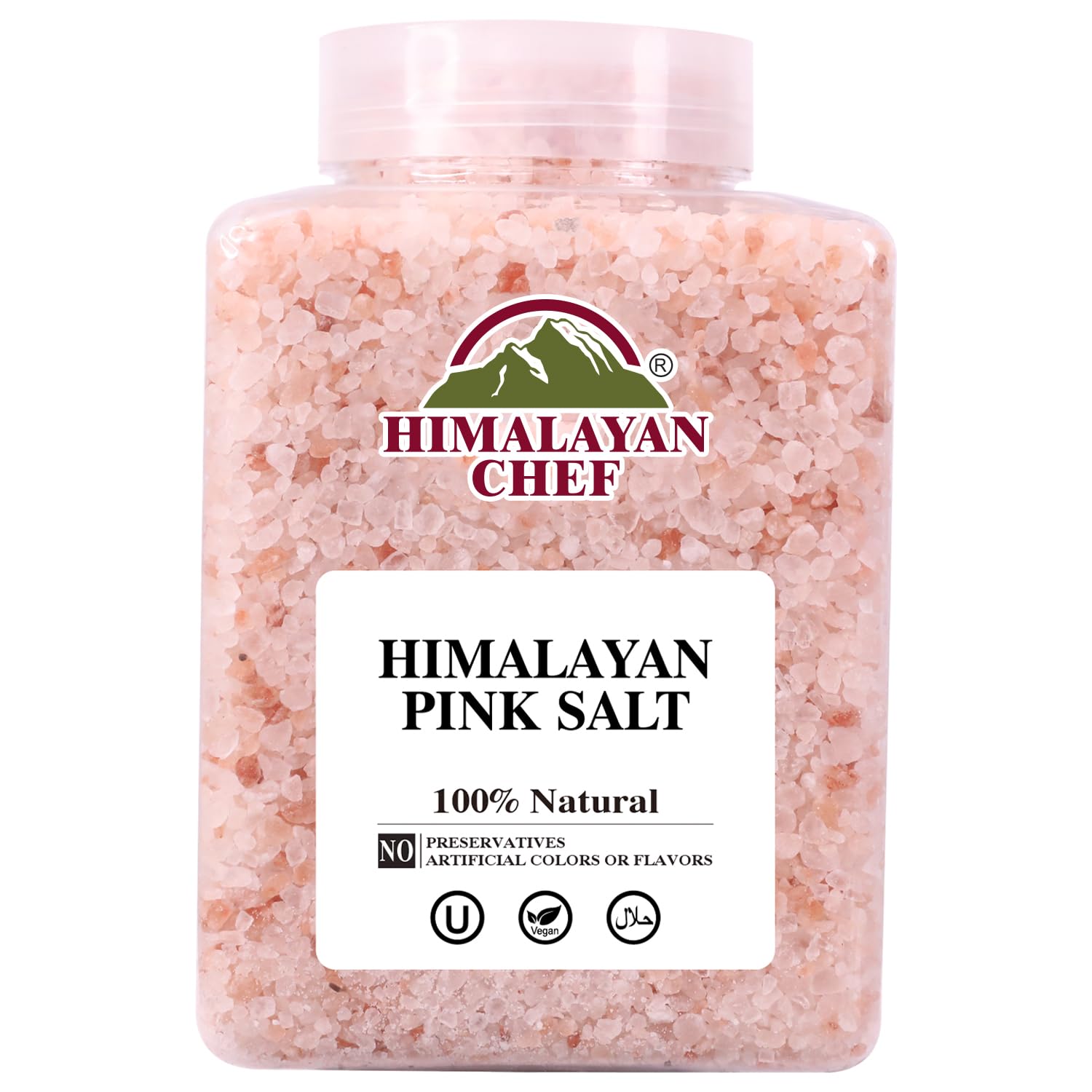 Himalayan Chef tarro frontal 5 lb mostrando sal rosada y envase práctico