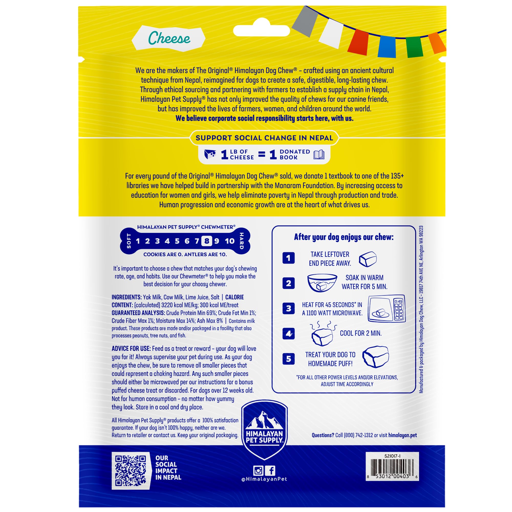 Himalayan Dog Chew etiqueta con ingredientes simples sin aditivos ni conservantes