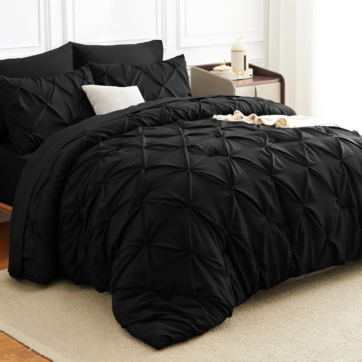 HIMEET edredón frontal negro con pliegues pintuck para aspecto hotelero