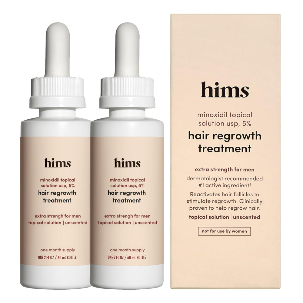 HIMS & HERS frasco frontal de minoxidil 5% mostrando envase claro y beneficio de uso diario