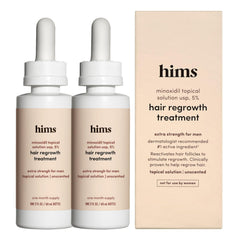 HIMS & HERS frasco frontal de minoxidil 5% mostrando envase claro y beneficio de uso diario