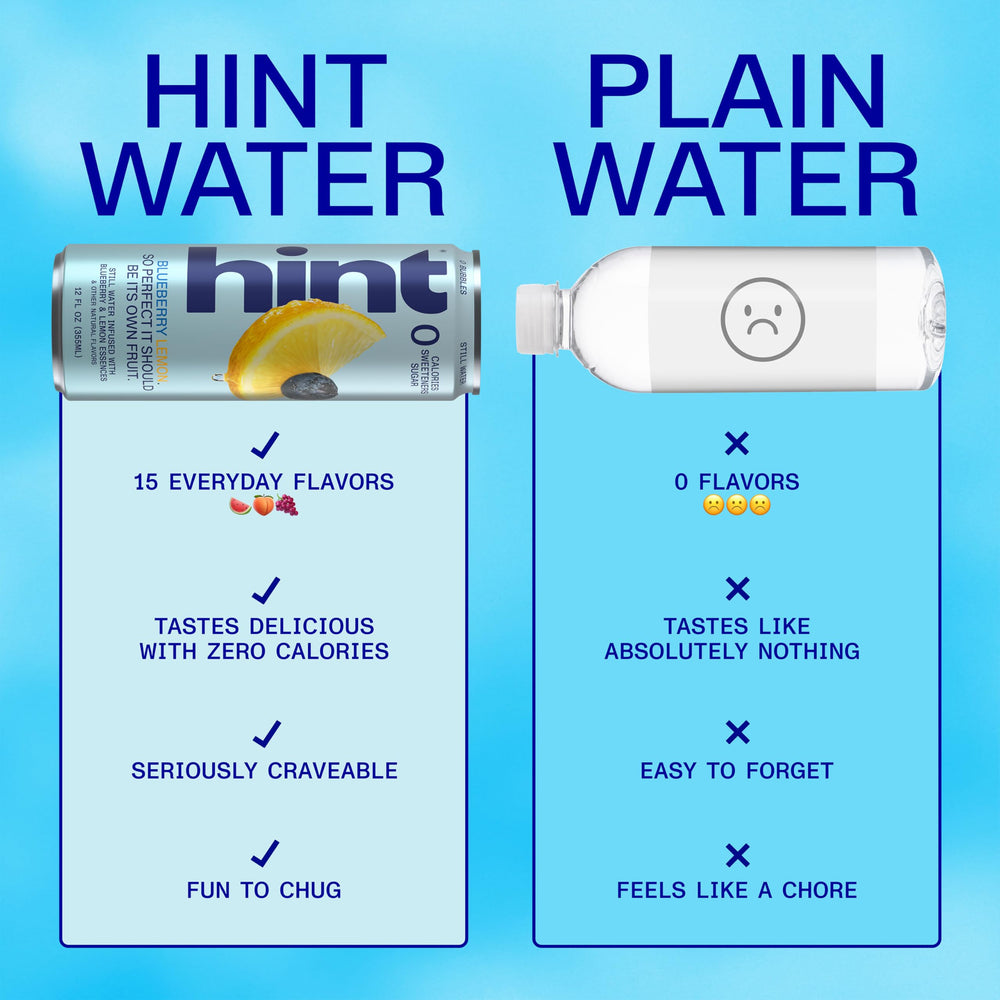 Lata Hint blueberry lemon en mano para mostrar tamaño y portabilidad