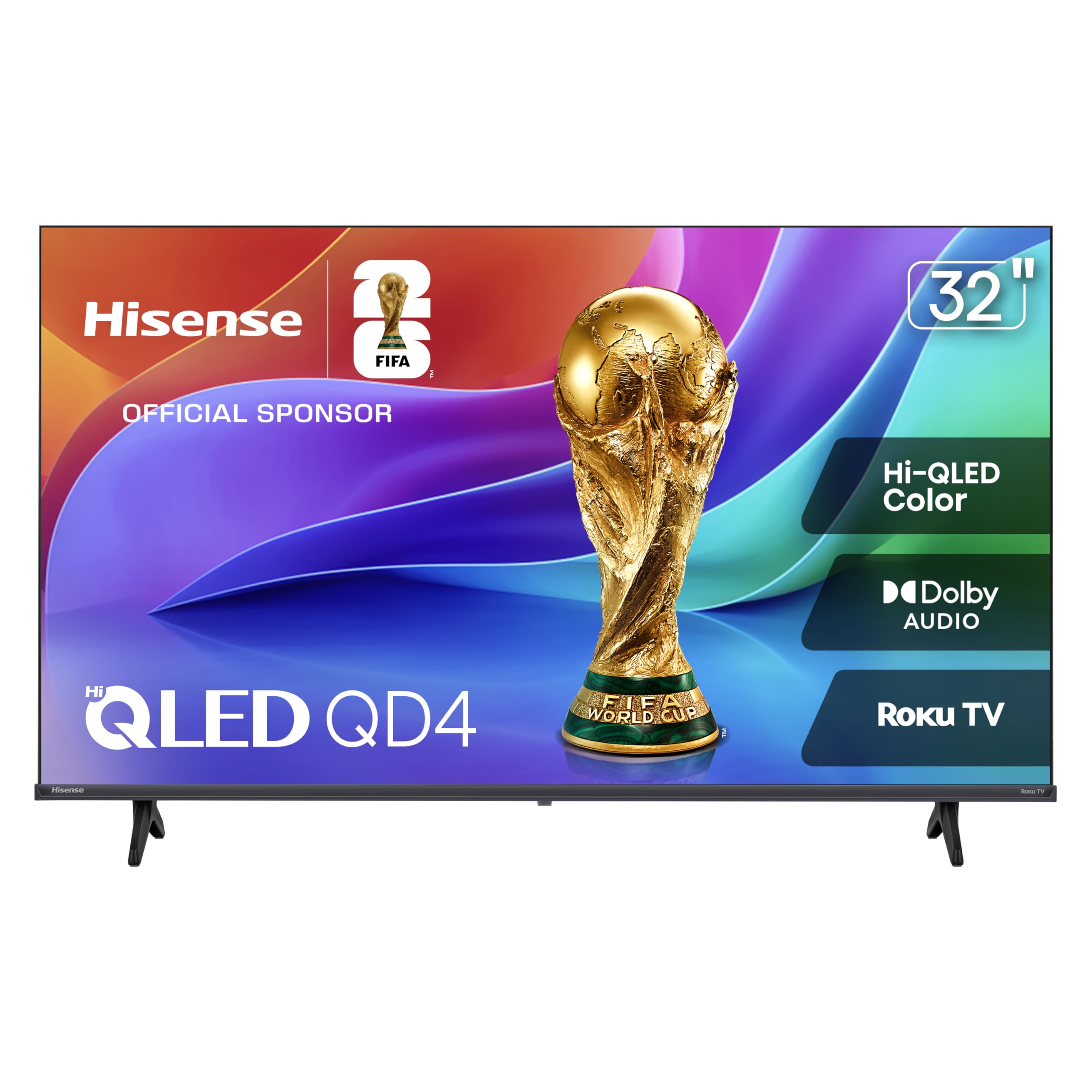 Hisense QD4SR vista frontal mostrando imagen viva y navegación Roku, colores reales