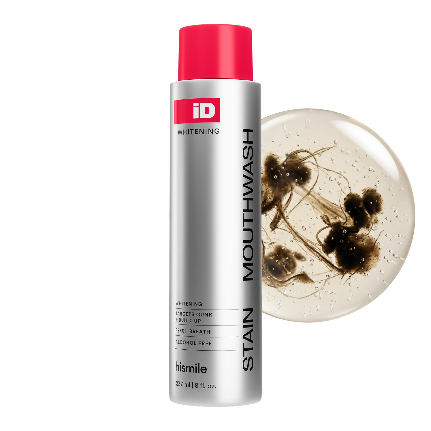 HISMILE botella frontal mostrando diseño y volumen 237 ml, beneficio claridad