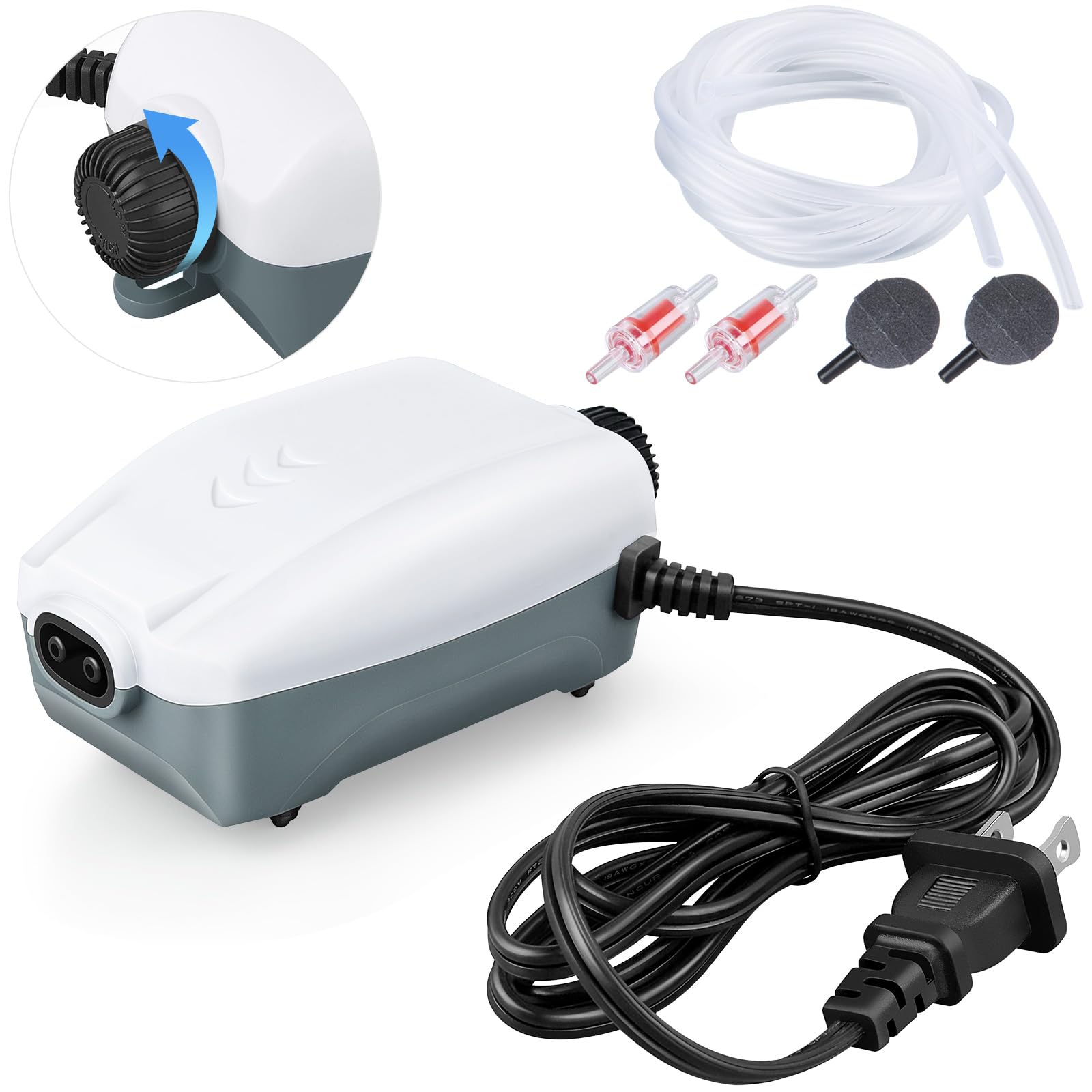 HITOP vista frontal de la bomba aire silenciosa con diseño compacto y beneficios prácticos