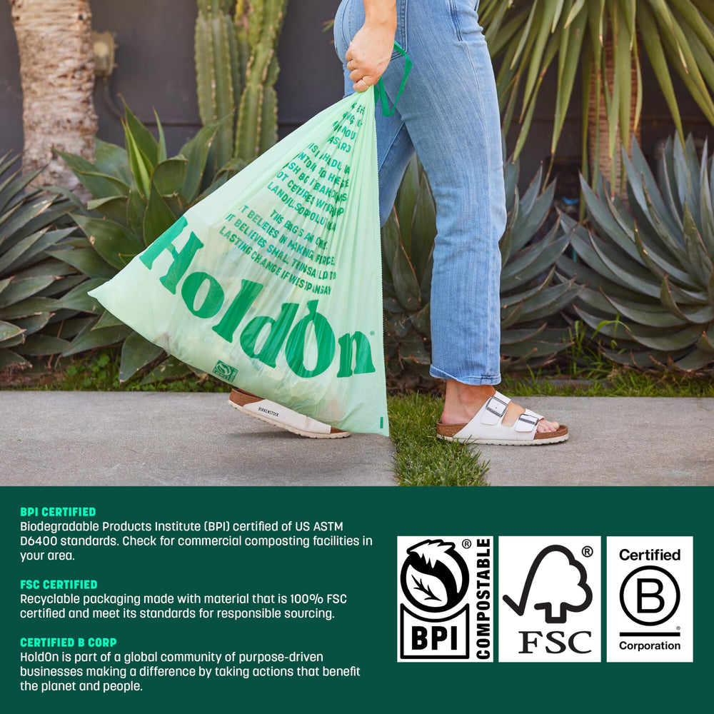 HoldOn etiqueta con certificación BPI mostrando compostabilidad verificada