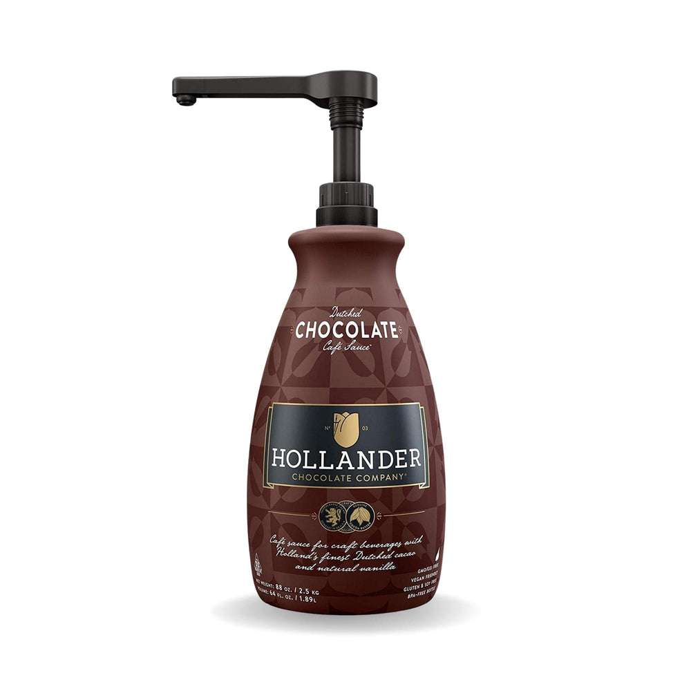 Hollander botella frontal con salsa de chocolate, presentación profesional
