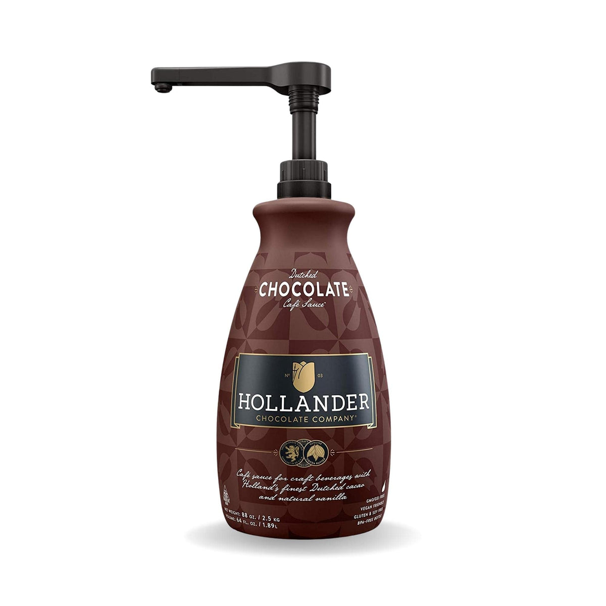 Hollander botella frontal con salsa de chocolate, presentación profesional