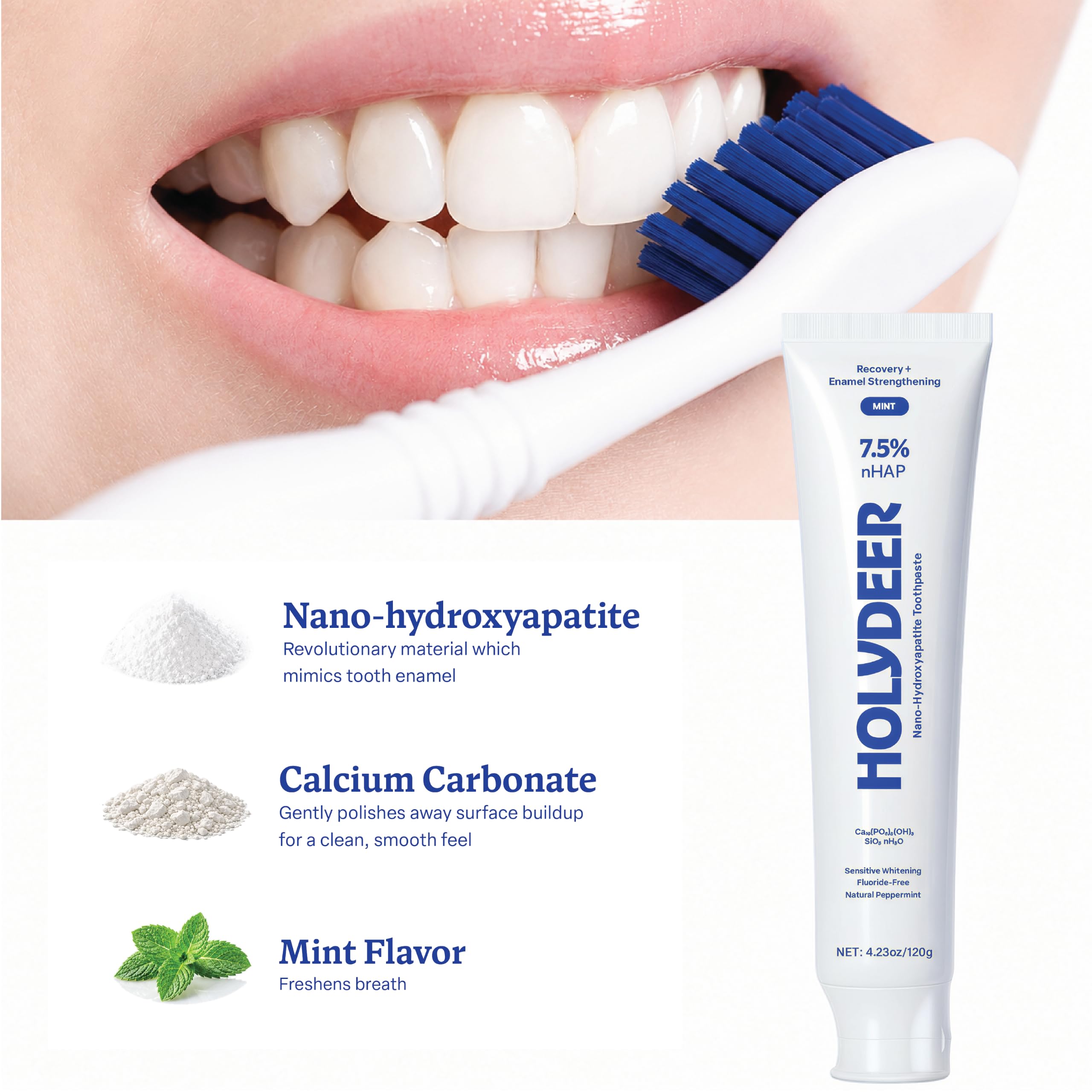 Holydeer crema dental textura en primer plano que sugiere limpieza suave
