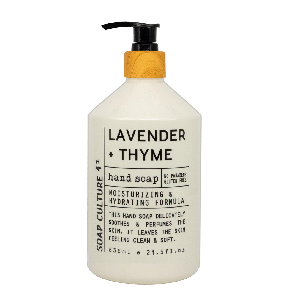 Home & Body Company comparación de tamaño con una mano para visualizar capacidad 21.5 fl oz