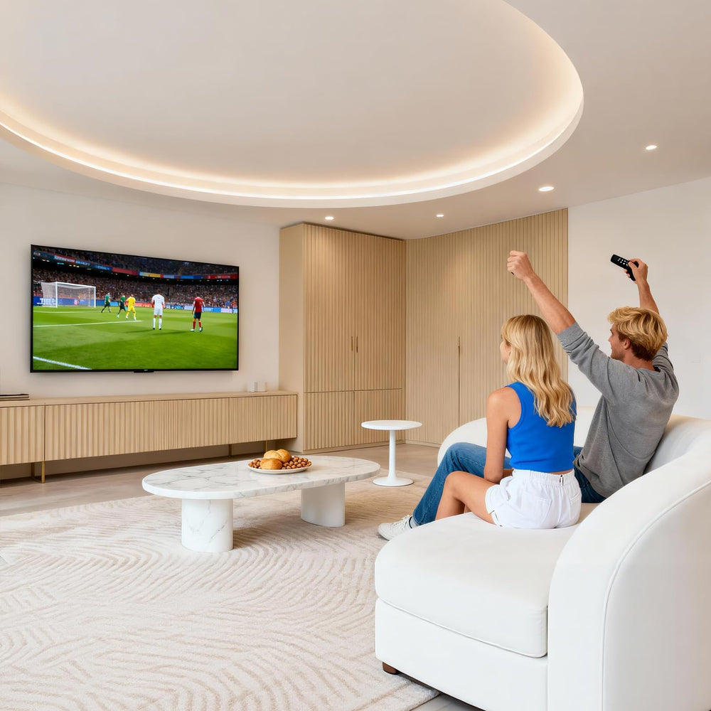HOME VISION demo showing flat and curved TVs mounted for universal compatibility