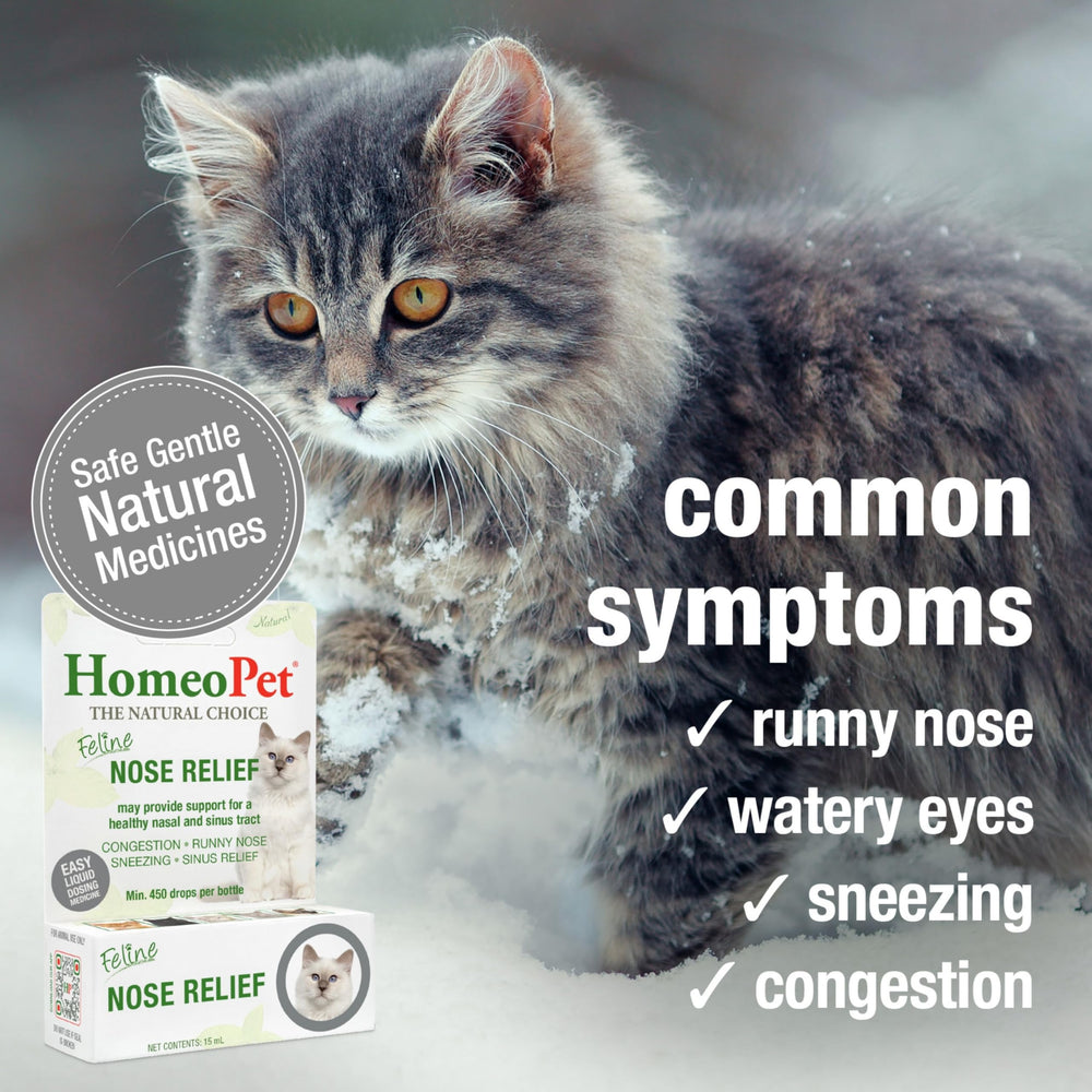 HomeoPet Feline Nose Relief etiqueta legible con indicaciones claras del producto