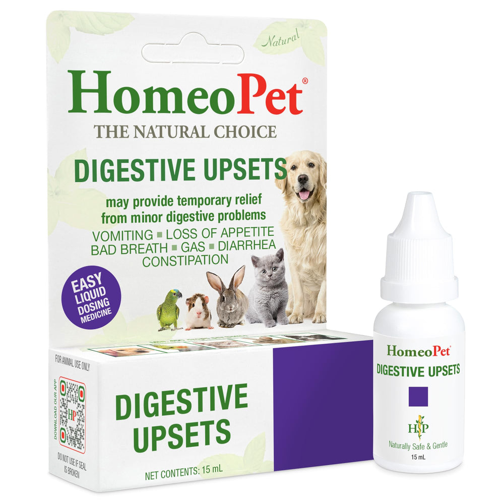 HomeoPet envase frontal Digestive Upsets 15 ml mostrando presentación y beneficio práctico
