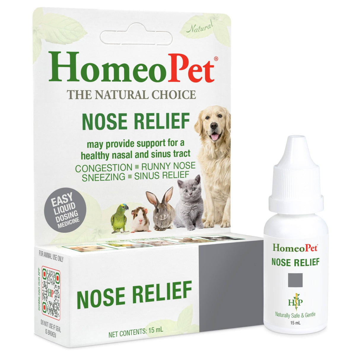 HomeoPet frasco frontal Nose Relief que muestra envase y etiqueta clara