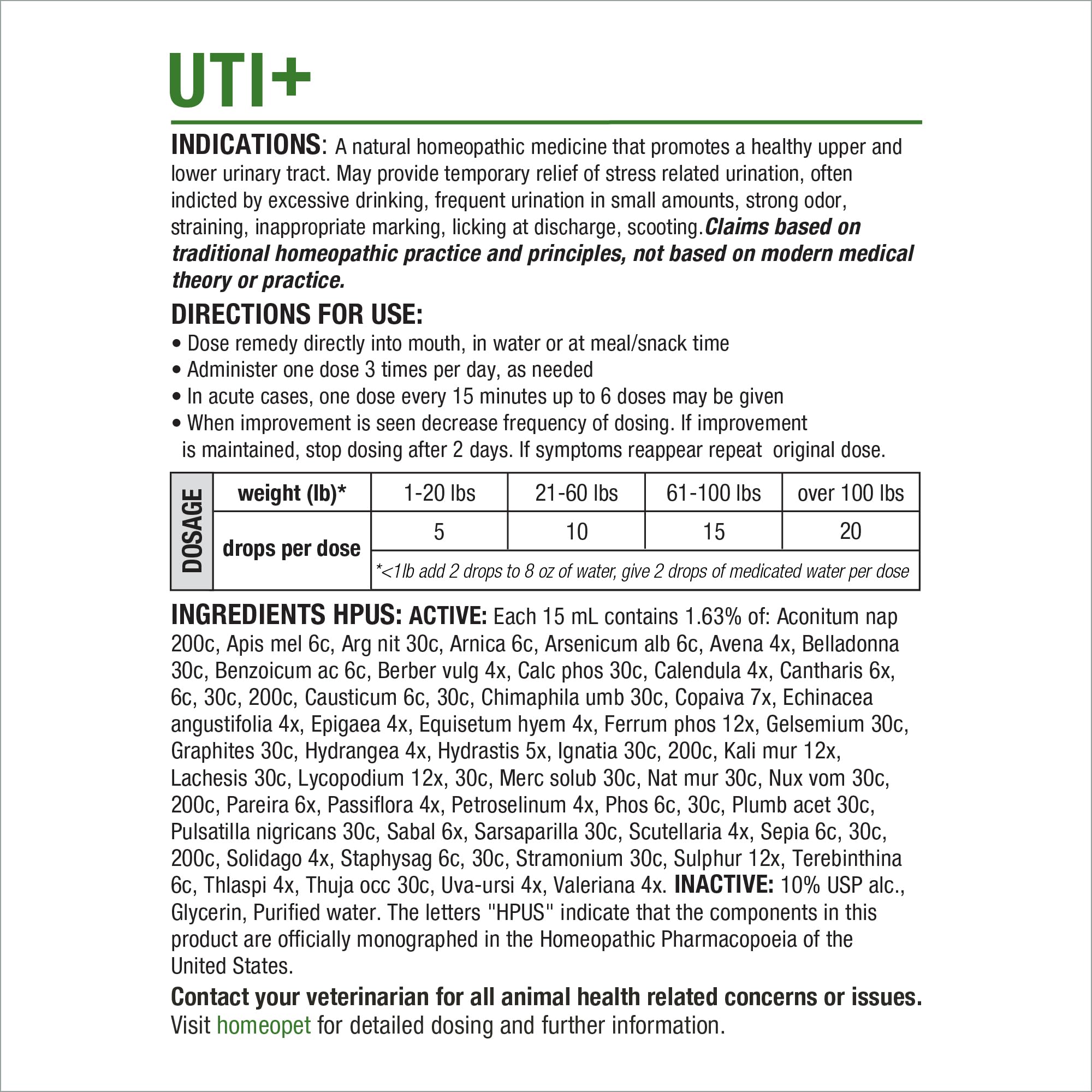 HomeoPet UTI+ botella 15 ml comparada con una moneda para visualizar tamaño