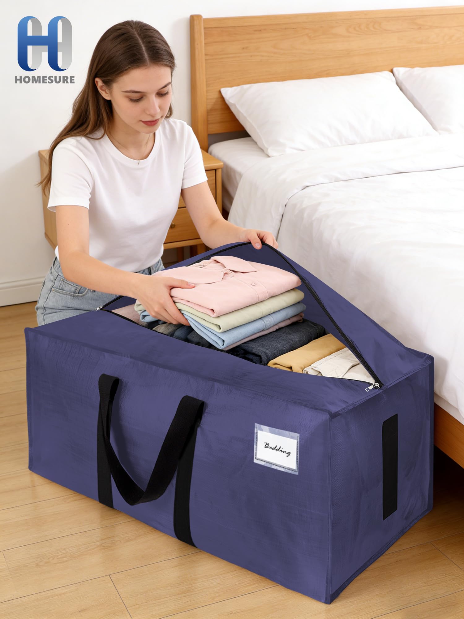 HOMESURE bolsas plegadas en armario mostrando almacenamiento compacto