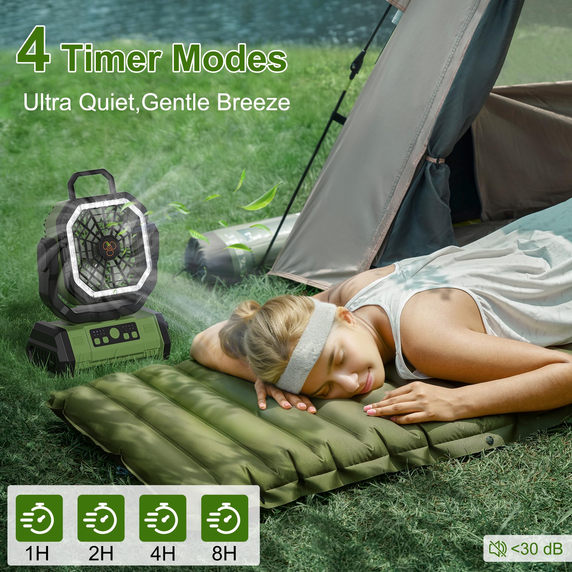 Honesorn ventilador dentro de tienda iluminando y refrescando campamento