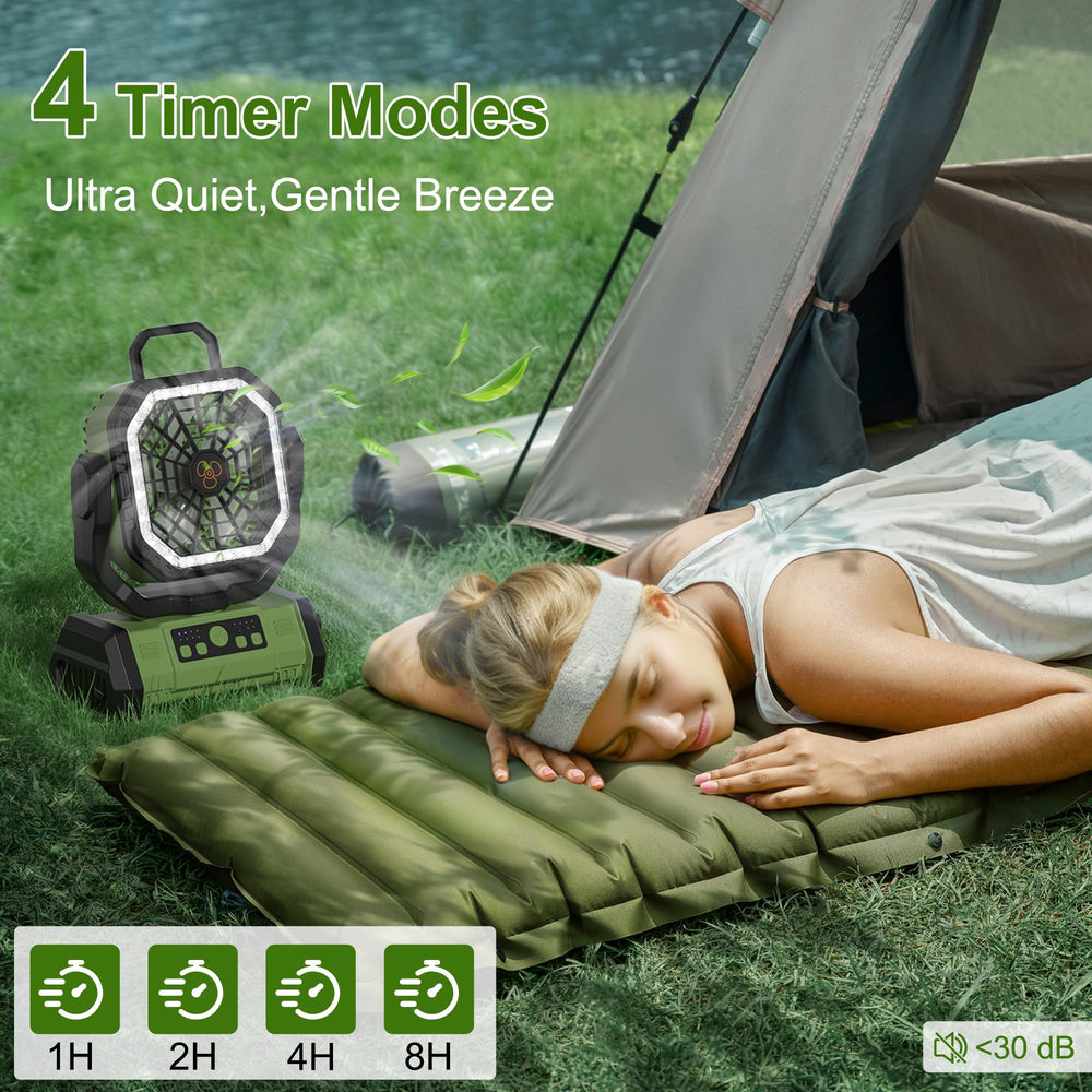 Honesorn ventilador dentro de tienda iluminando y refrescando campamento