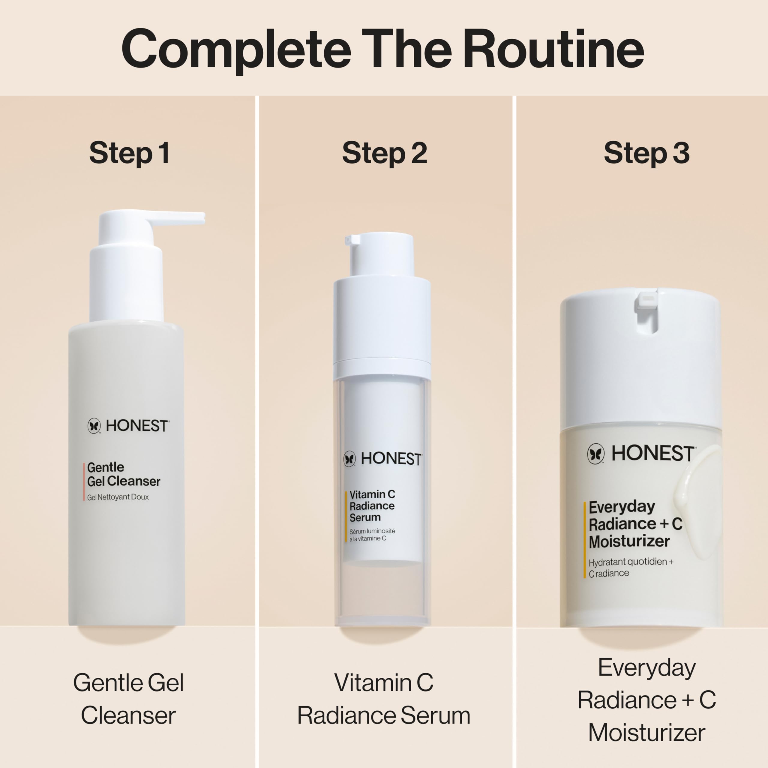 Honest Beauty primeros planos de vitamina C y péptidos para luminosidad