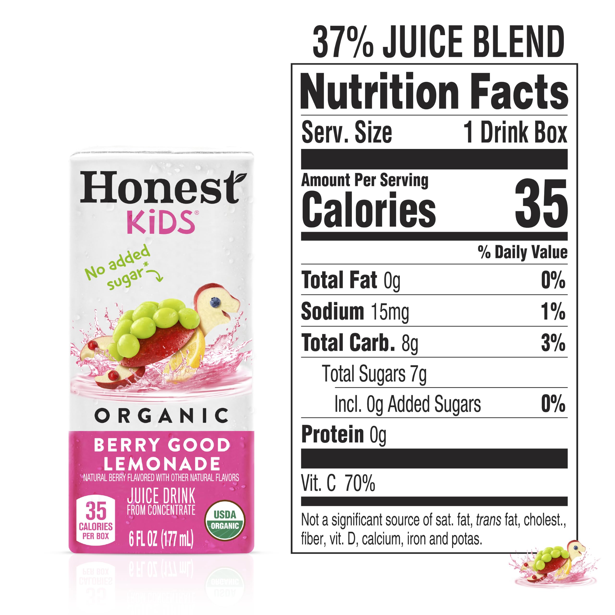 Honest Kids nutrition label and ingredient list showing organic fruit-juice sweetening