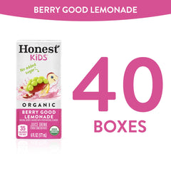 Glass poured from Honest Kids box showing pink lemonade color and refreshing appeal