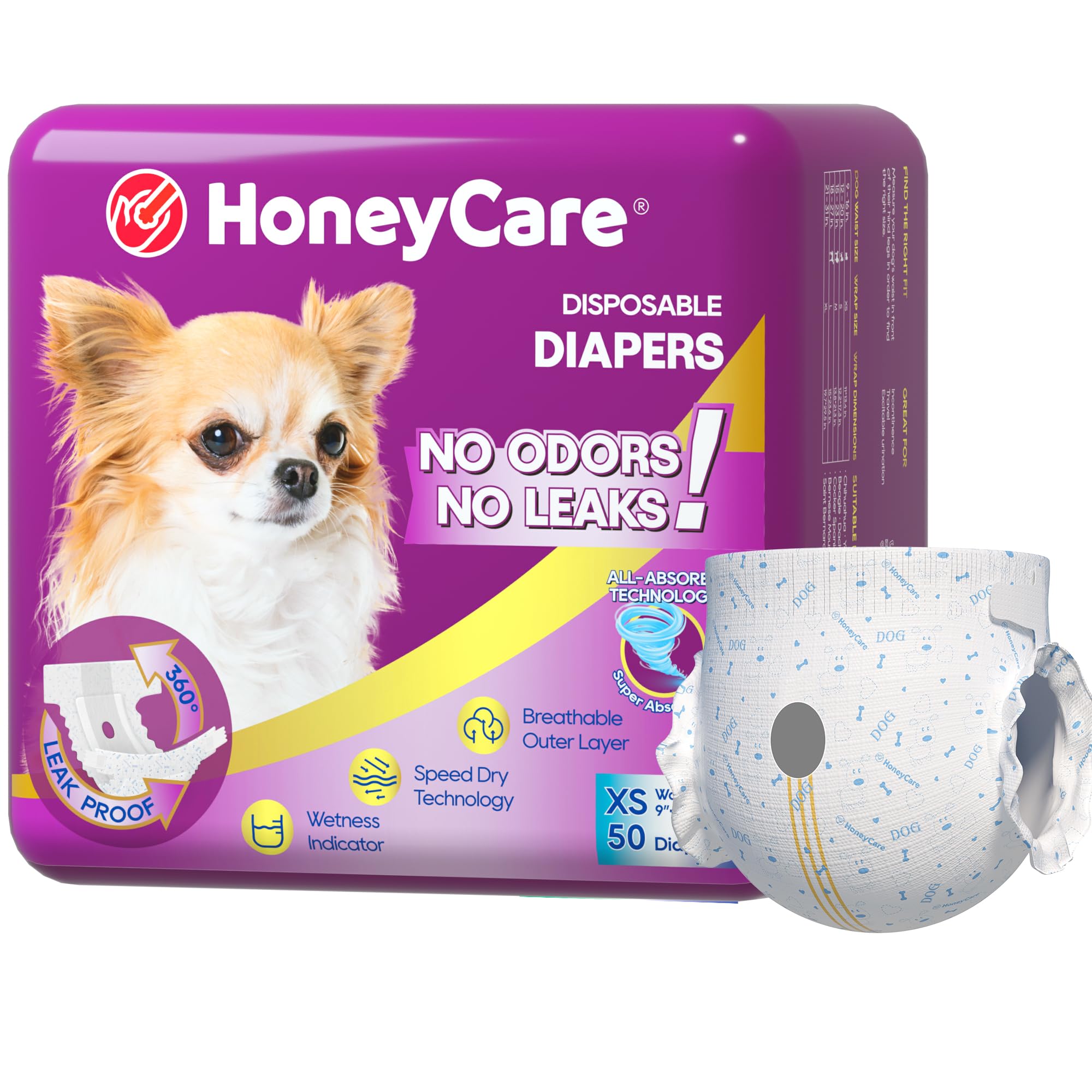 HONEY CARE paquete frontal mostrando 50 pañales y diseño de empaque práctico