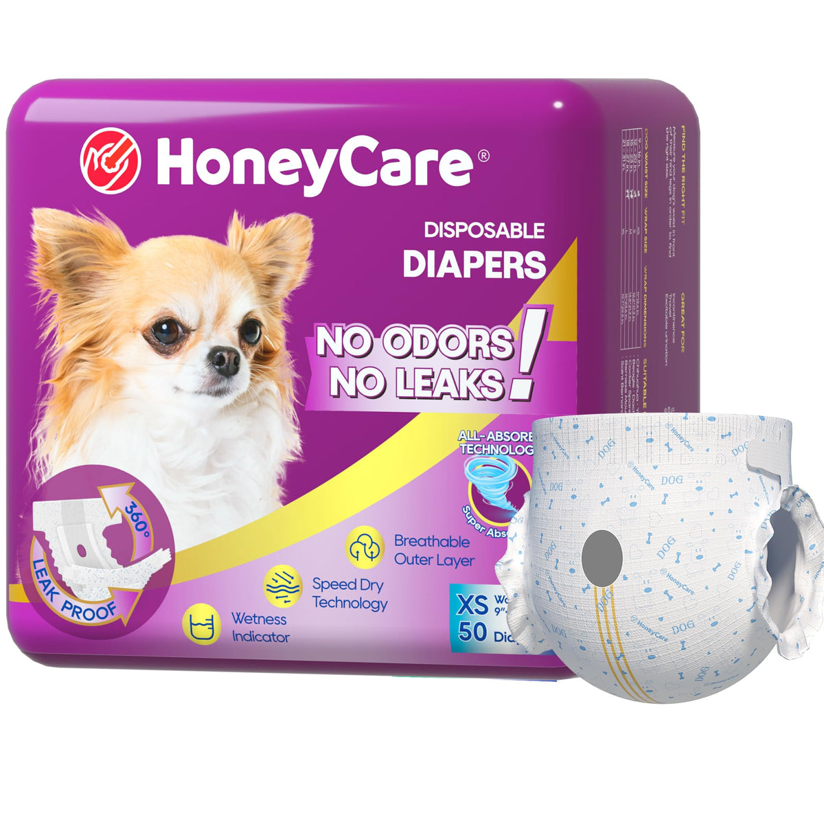 HONEY CARE paquete frontal mostrando 50 pañales y diseño de empaque práctico
