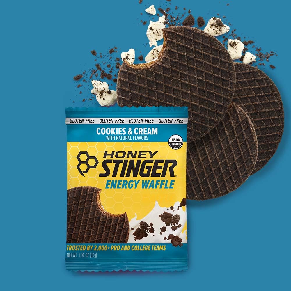Honey Stinger waffle abierta mostrando relleno de crema vainilla para sabor y textura