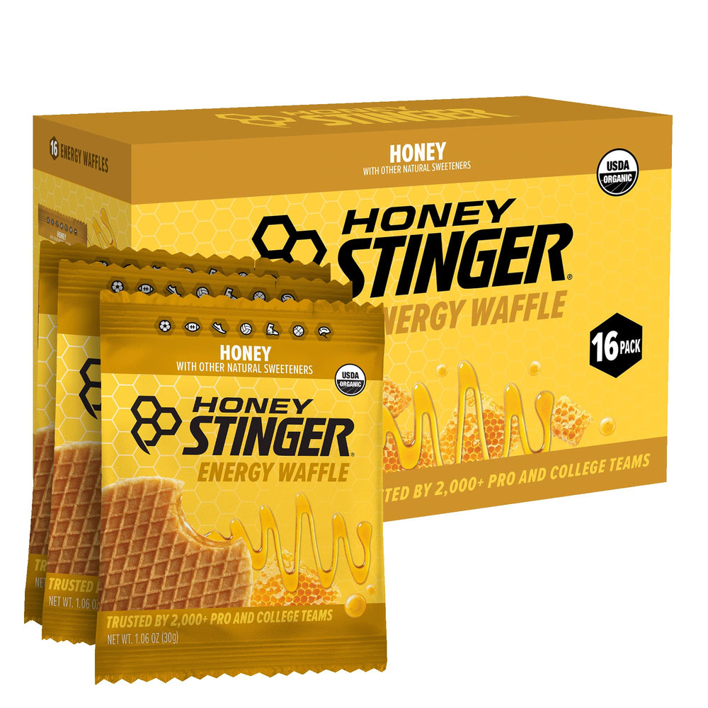Honey Stinger frente del empaque mostrando 16 unidades y conveniencia