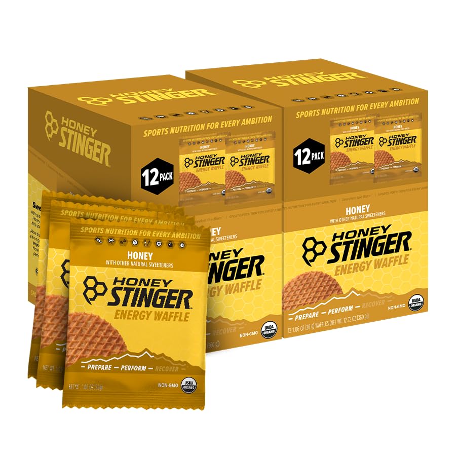 Honey Stinger frente del empaque mostrando caja de 24 unidades y conveniencia