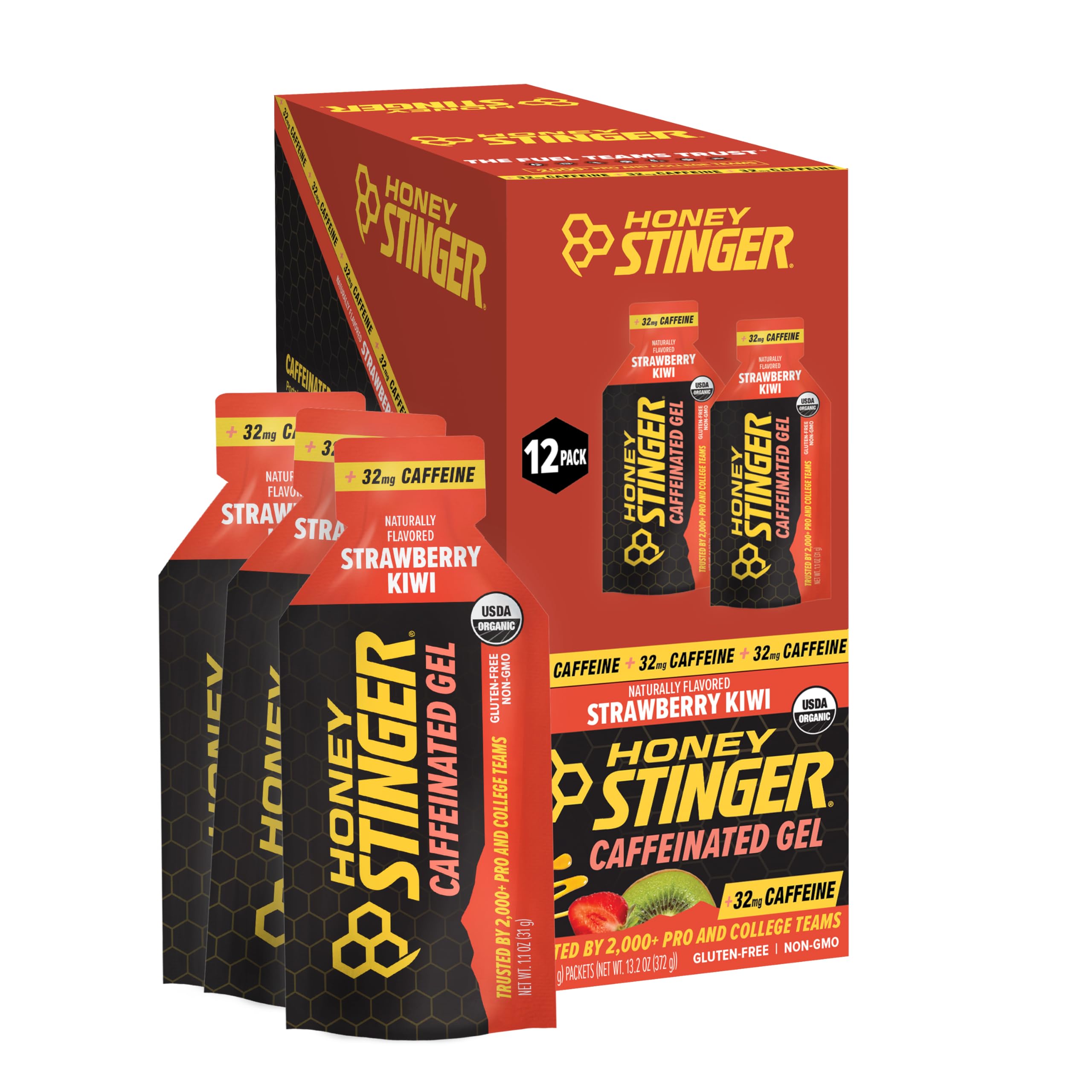 Honey Stinger empaque frontal mostrando caja de 12 geles, práctico y portátil