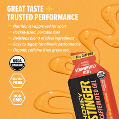 Honey Stinger gel textura fluida cerca, muestra fácil digestión y rápida absorción