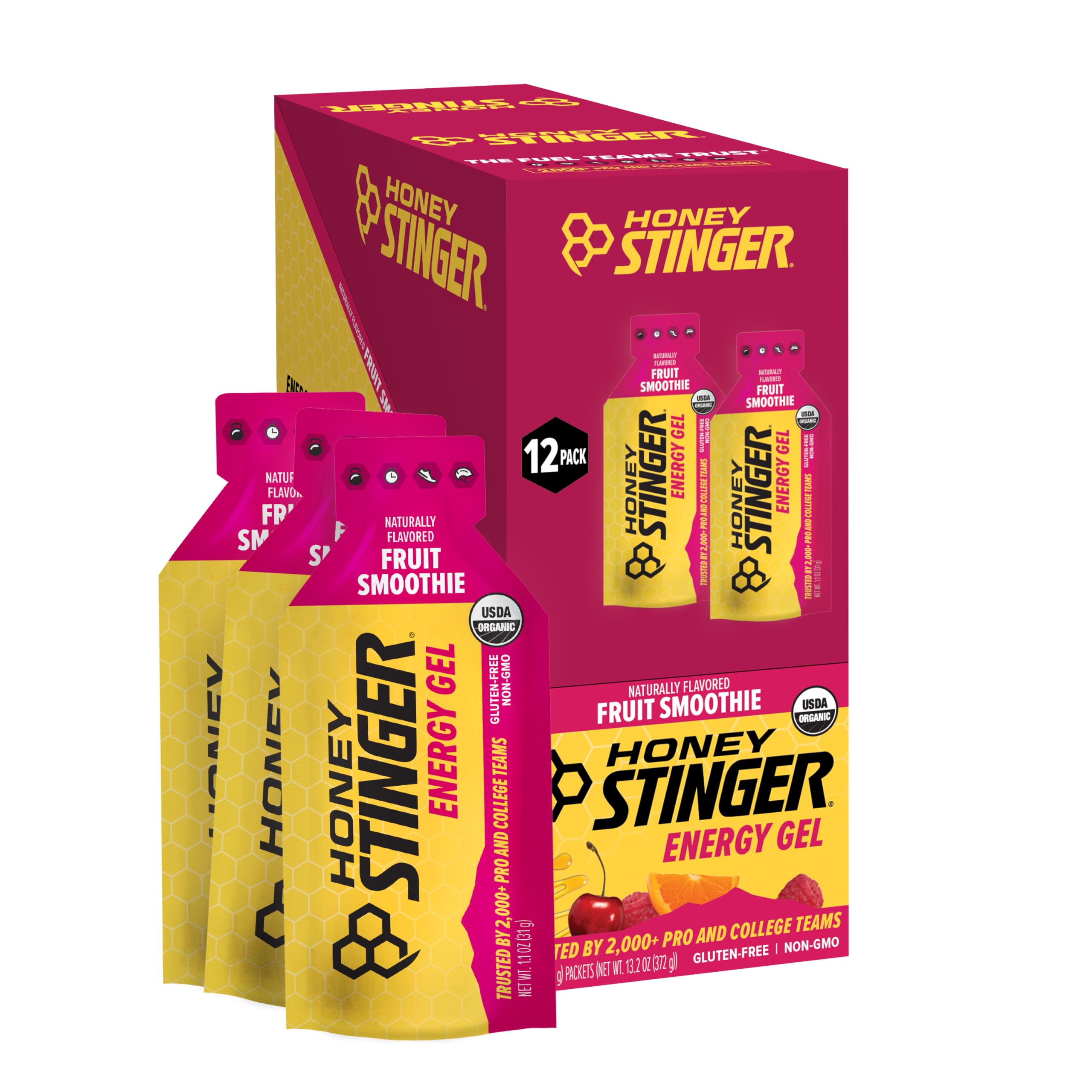 Honey Stinger frente del empaque mostrando caja de 12 unidades y conveniencia