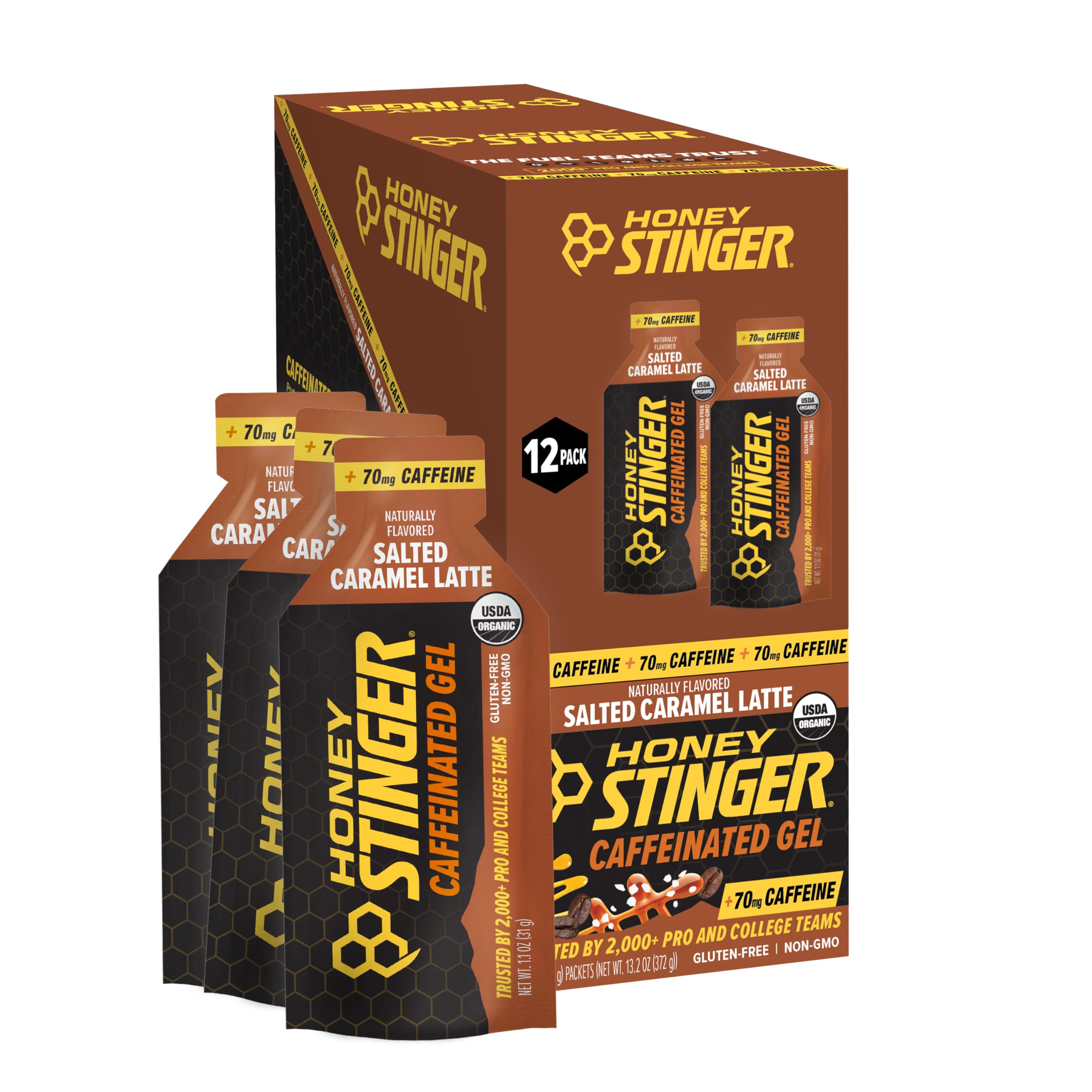 Honey Stinger paquete frontal mostrado, visibilidad del envase y cantidad