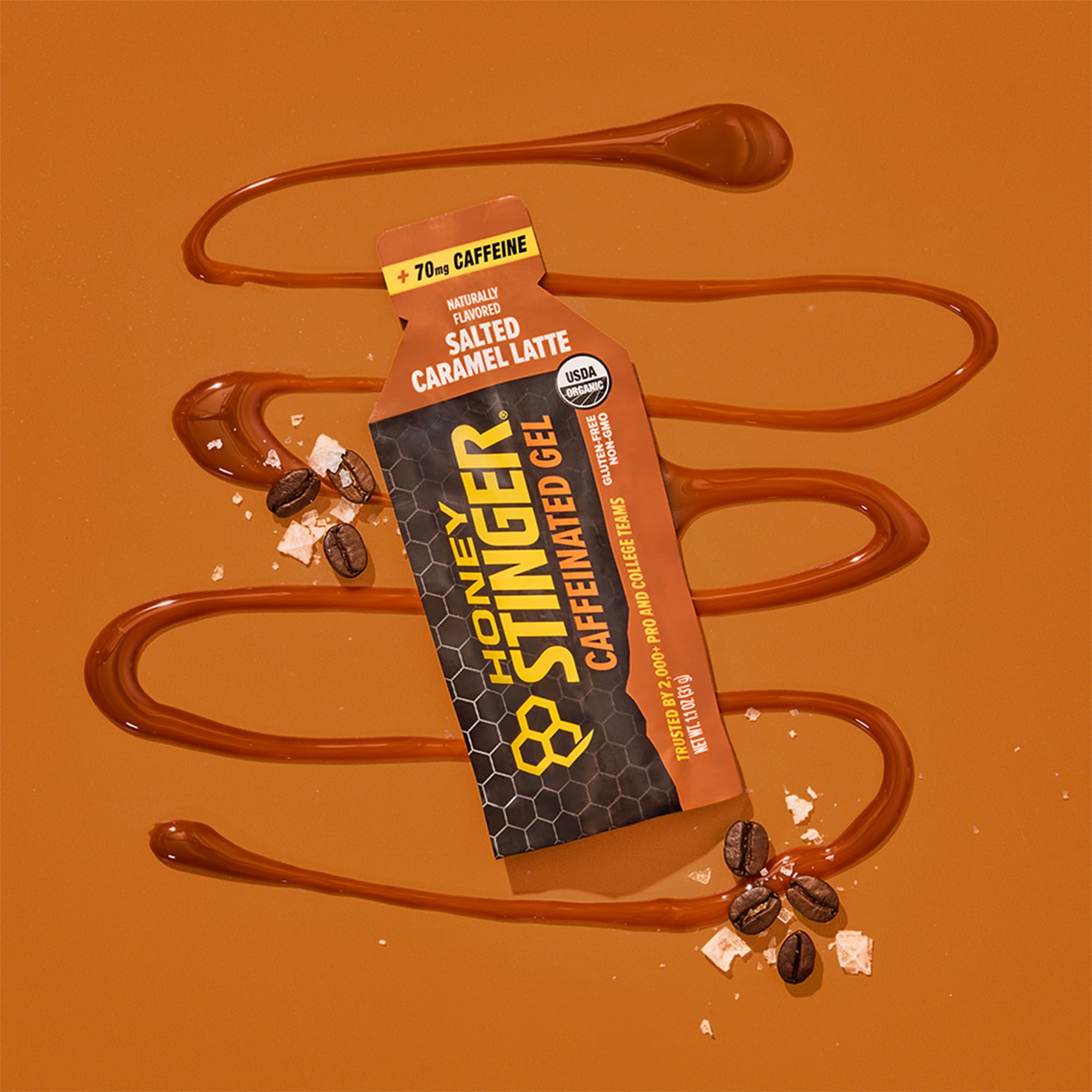 Honey Stinger gel junto a una moneda para comparar tamaño práctico