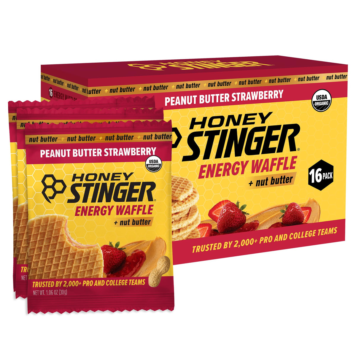 Honey Stinger empaque frontal mostrando paquete de 16 gofres orgánicos y práctico transporte