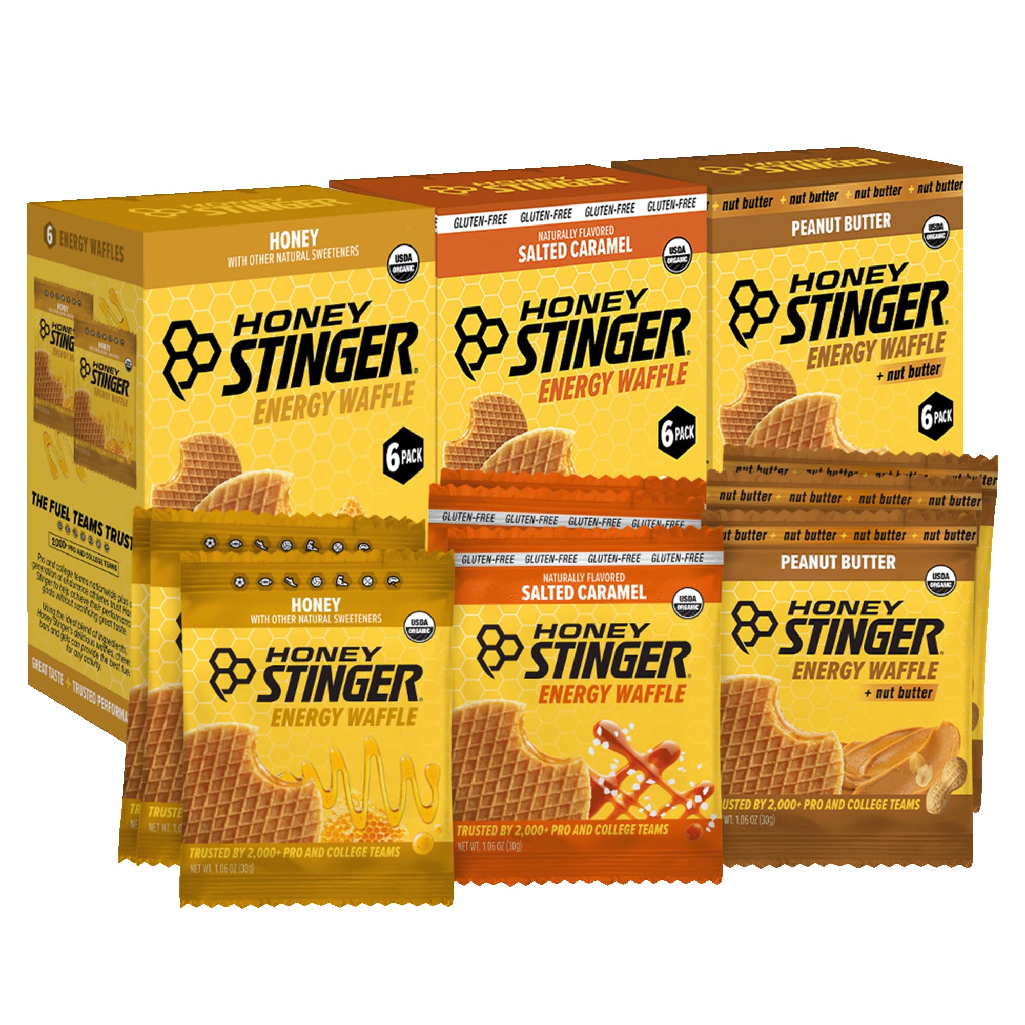 Honey Stinger empaque frontal mostrando la variedad de sabores y portabilidad