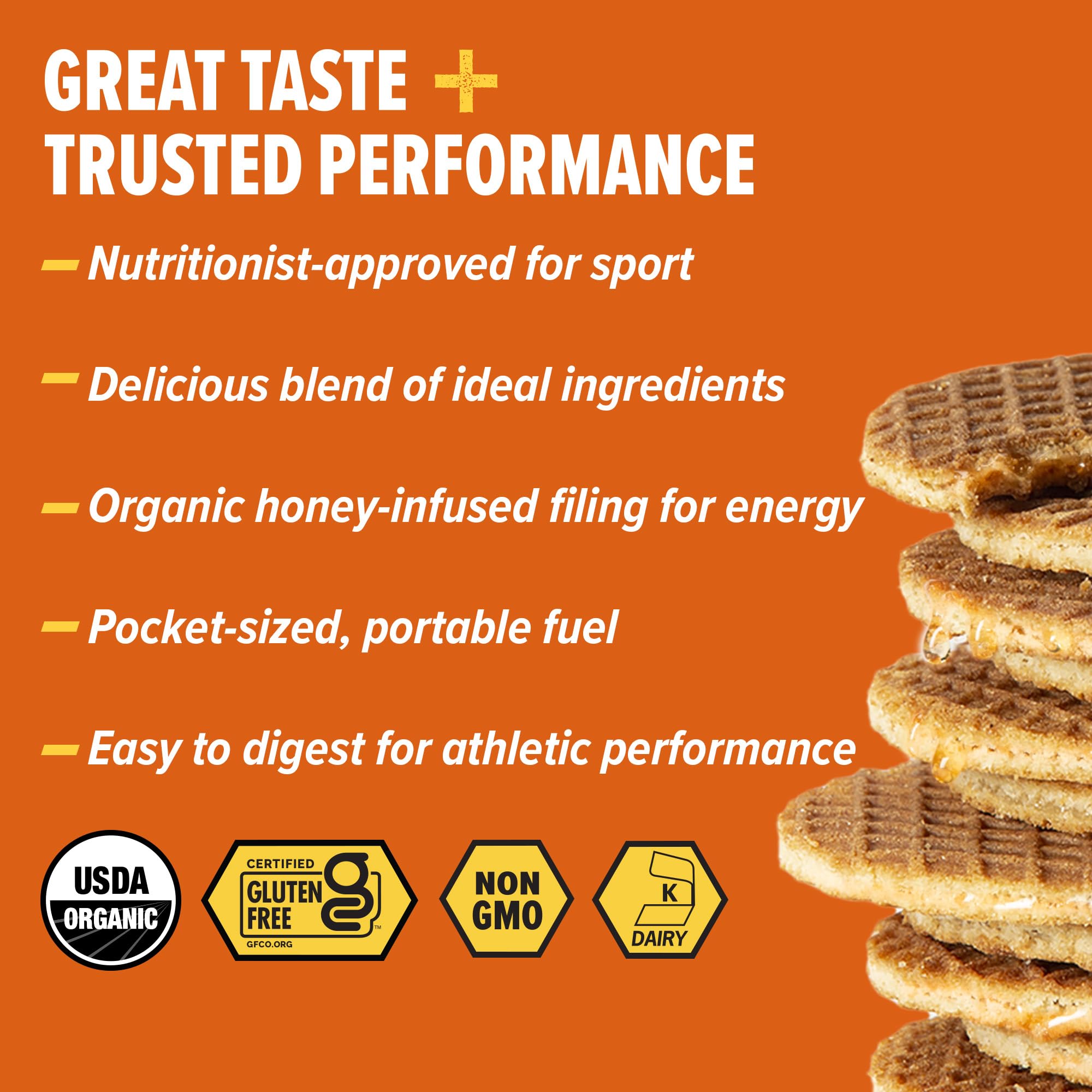 Honey Stinger primer plano de waffle con relleno resaltando textura crujiente y sabor