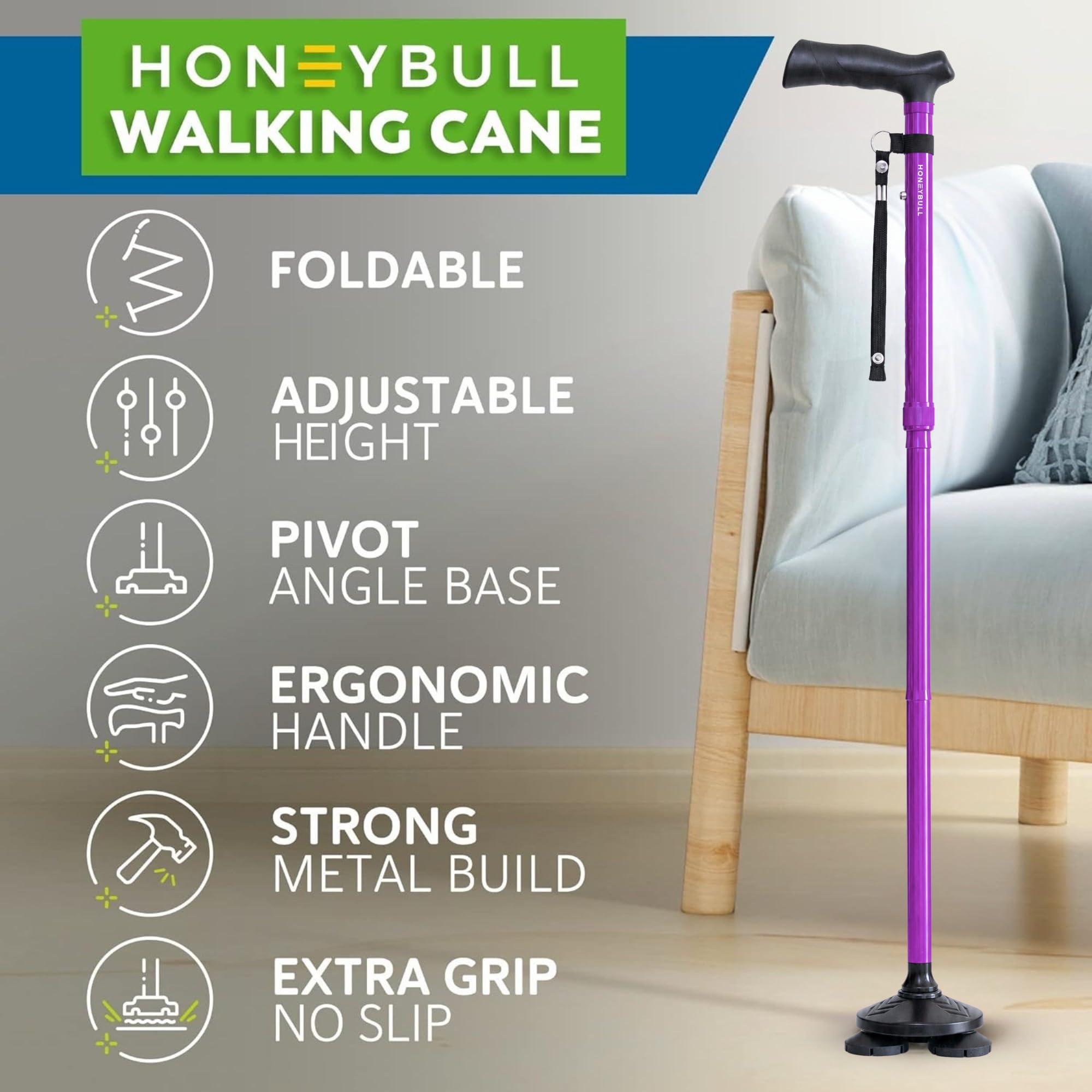 HONEYBULL bastón detalle del mango ergonómico que mejora el agarre