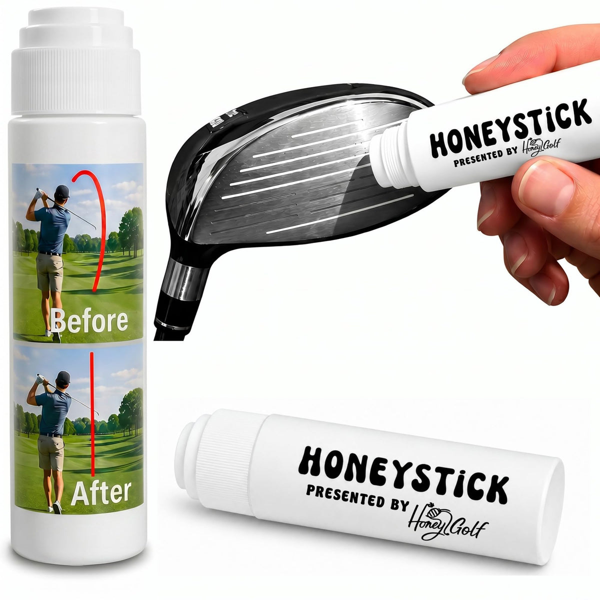 HoneyGolf HoneyStick frente del envase mostrando tamaño y portabilidad