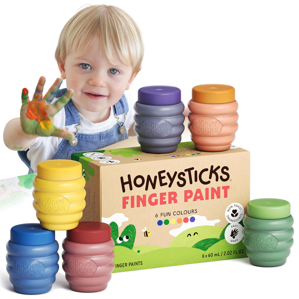 Honeysticks frente del envase mostrando los seis colores y seguridad