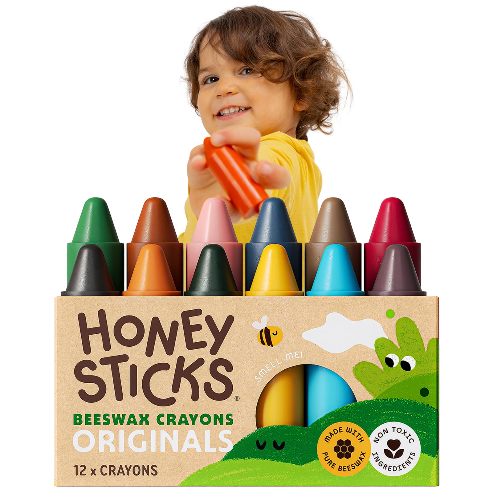 Honeysticks paquete frontal mostrando 12 crayones para bebés, seguridad visible