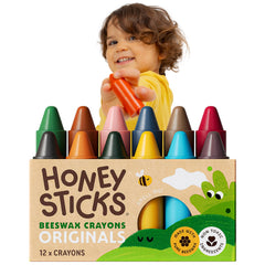 Honeysticks paquete frontal mostrando 12 crayones para bebés, seguridad visible