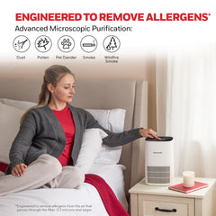 Honeywell detalle del filtro HEPA que captura micropartículas para aire más limpio